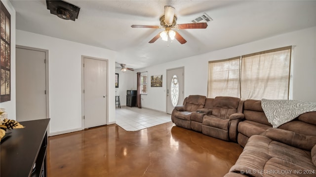 living room with ceiling fan