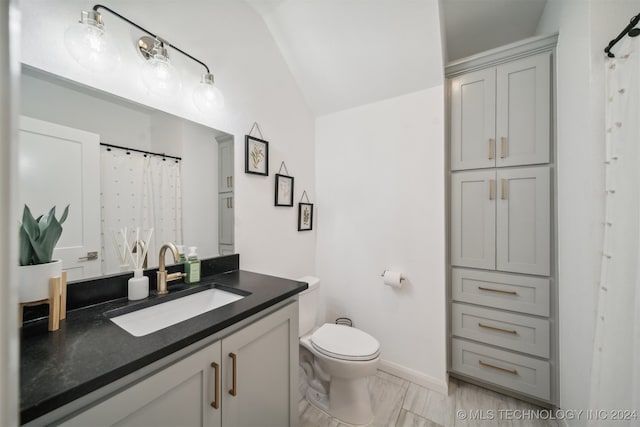 bathroom with vanity, toilet, and lofted ceiling