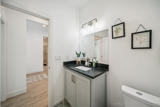 bathroom with toilet, vanity, and wood-type flooring