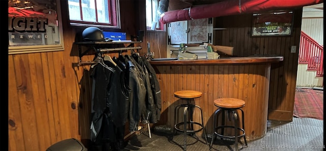 bar featuring wood walls, radiator heating unit, and carpet floors