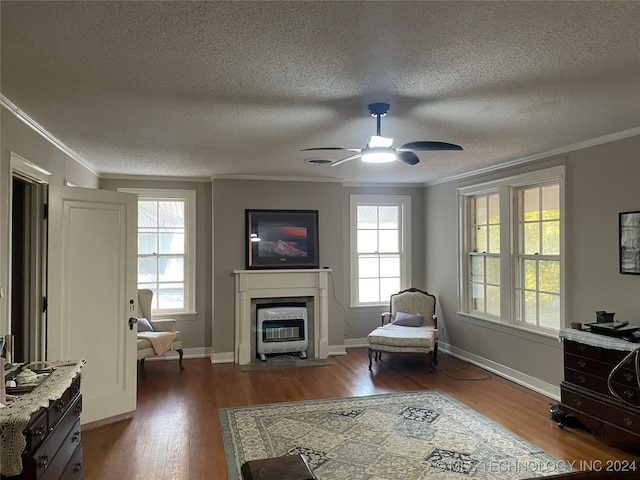 living room featuring a healthy amount of sunlight, a textured ceiling, and dark hardwood / wood-style floors