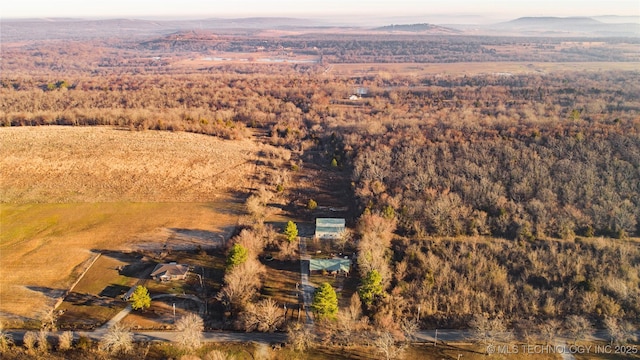 drone / aerial view with a mountain view and a view of trees