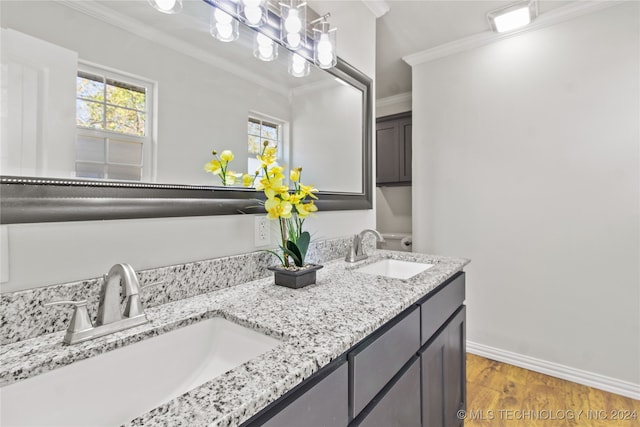 bathroom featuring vanity, wood-type flooring, and crown molding