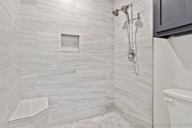 bathroom with a tile shower and toilet