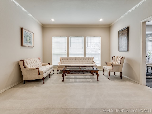 carpeted living room featuring crown molding