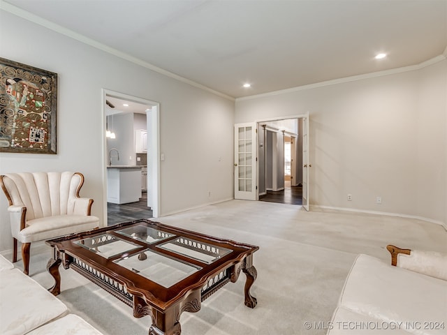 living room with sink, carpet floors, and ornamental molding