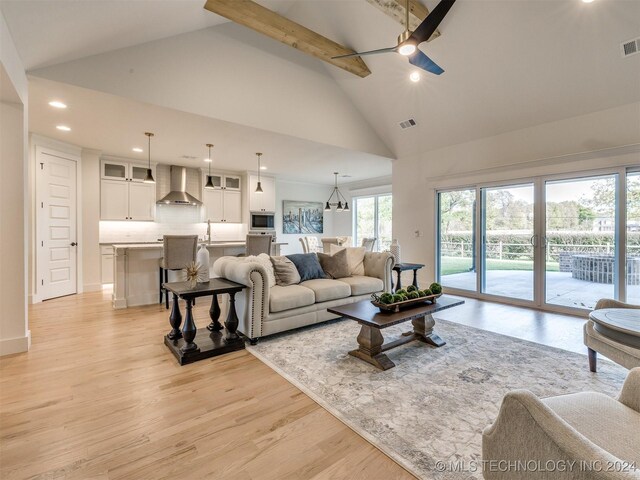 living room featuring ceiling fan, high vaulted ceiling, light wood-type flooring, beamed ceiling, and sink