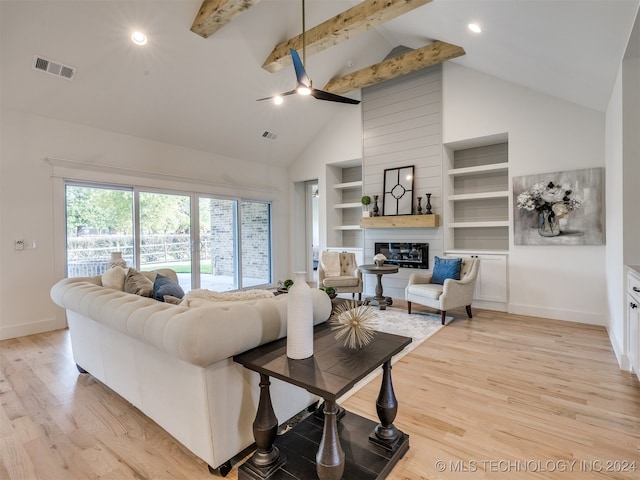 living room featuring ceiling fan, beamed ceiling, high vaulted ceiling, light hardwood / wood-style flooring, and built in shelves