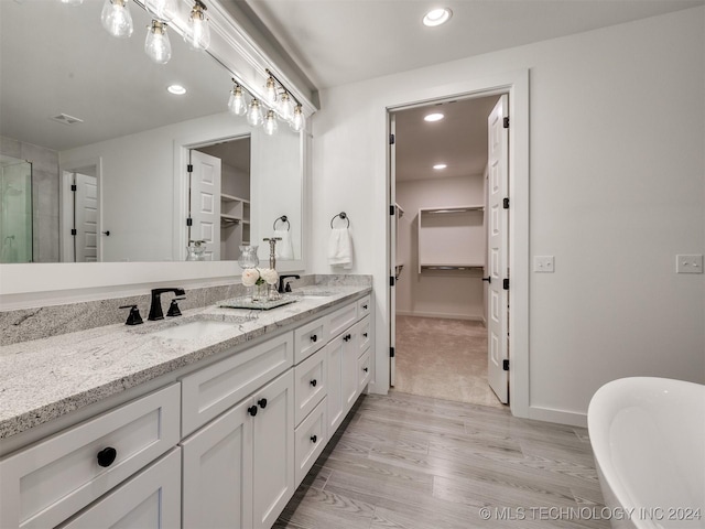 full bath featuring double vanity, a freestanding bath, a spacious closet, and a sink