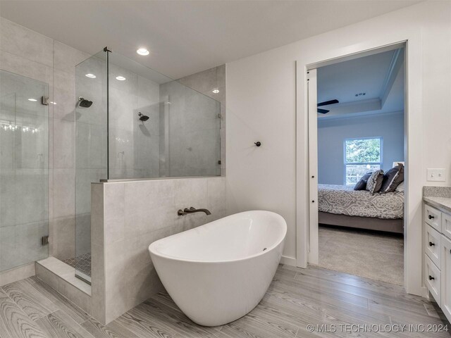 bathroom featuring vanity, hardwood / wood-style flooring, independent shower and bath, and a tray ceiling