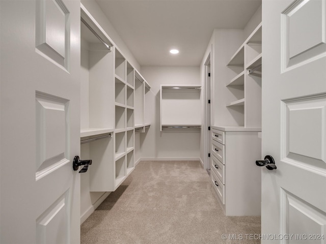 walk in closet featuring light colored carpet