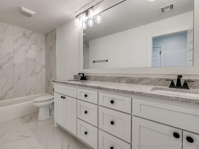 full bathroom featuring toilet, marble finish floor, visible vents, and a sink