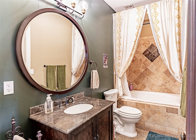 full bathroom with vanity, toilet, and shower / bathtub combination with curtain