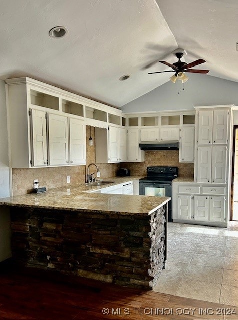 kitchen featuring vaulted ceiling, kitchen peninsula, light wood-type flooring, and tasteful backsplash