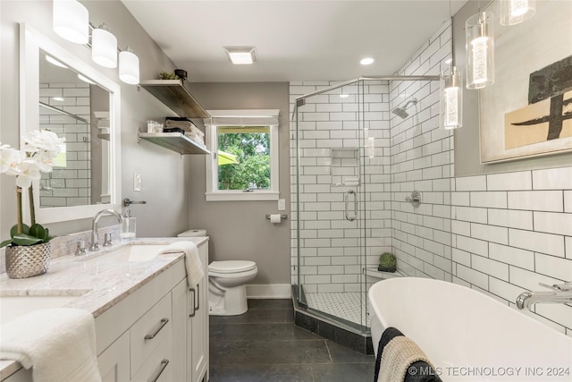 full bathroom featuring toilet, vanity, tile patterned flooring, and plus walk in shower