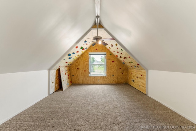 bonus room featuring ceiling fan, lofted ceiling, and carpet flooring