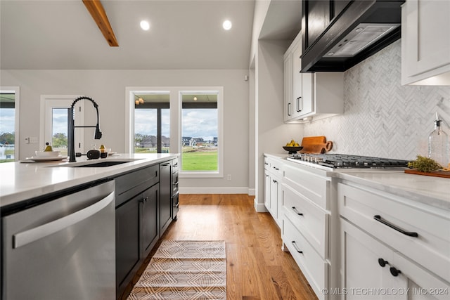 kitchen with a wealth of natural light, light wood-type flooring, appliances with stainless steel finishes, and premium range hood