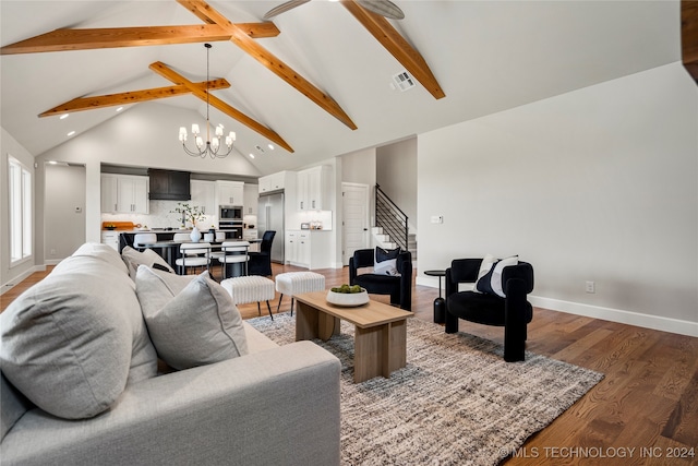 living room with high vaulted ceiling, beamed ceiling, an inviting chandelier, and hardwood / wood-style flooring