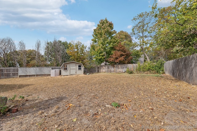 view of yard featuring a storage shed