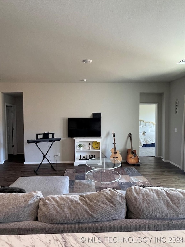 living room with dark hardwood / wood-style floors