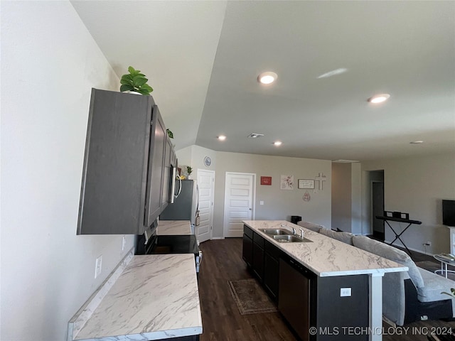 kitchen featuring light stone countertops, sink, dark wood-type flooring, stainless steel appliances, and a kitchen island with sink