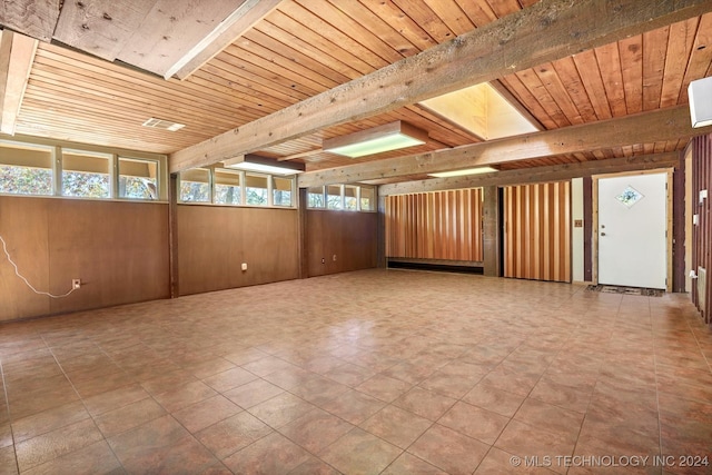 empty room featuring wood ceiling, wood walls, and beam ceiling