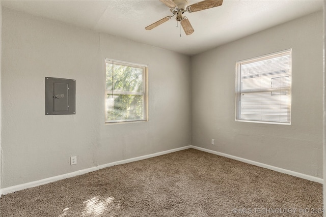 empty room with electric panel, carpet floors, and ceiling fan