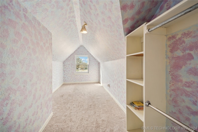 walk in closet featuring carpet flooring and lofted ceiling