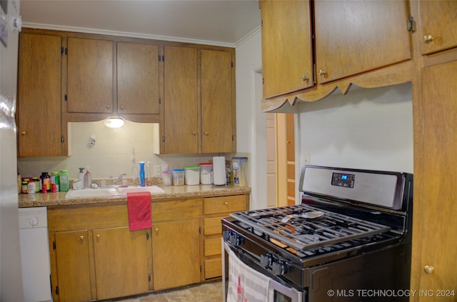 kitchen featuring dishwasher, gas stove, ornamental molding, and sink