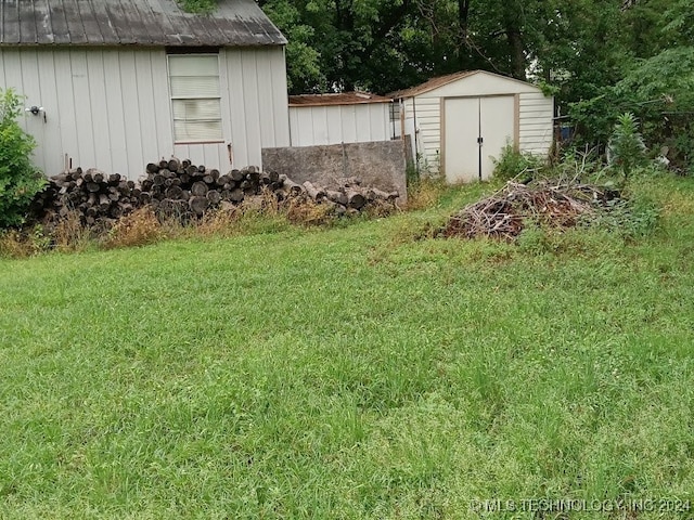 view of yard with a storage shed