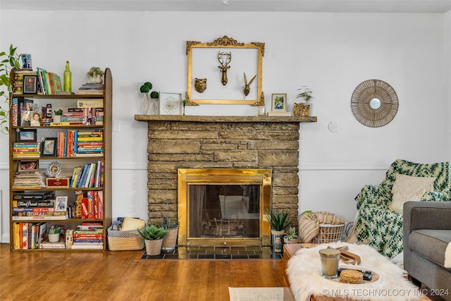 living room with a fireplace and wood-type flooring