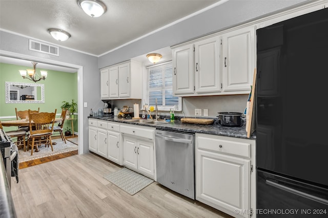 kitchen featuring black fridge, a textured ceiling, stainless steel dishwasher, white cabinetry, and light hardwood / wood-style flooring