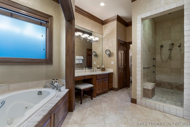 bathroom with tile patterned floors, vanity, ornamental molding, and shower with separate bathtub