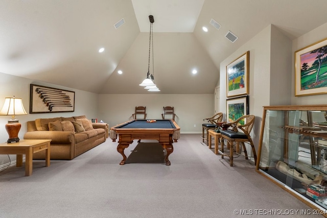 playroom featuring carpet flooring, vaulted ceiling, and billiards