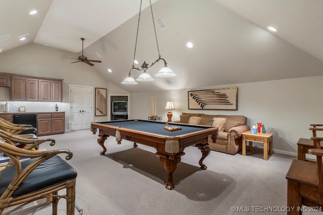 recreation room with ceiling fan, light colored carpet, lofted ceiling, and pool table