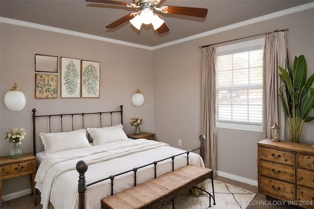 carpeted bedroom with multiple windows, ceiling fan, and crown molding