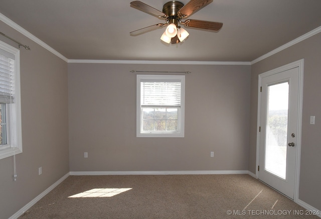 empty room with light carpet, ceiling fan, and ornamental molding