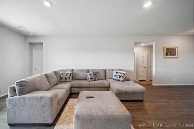 living room with dark hardwood / wood-style flooring