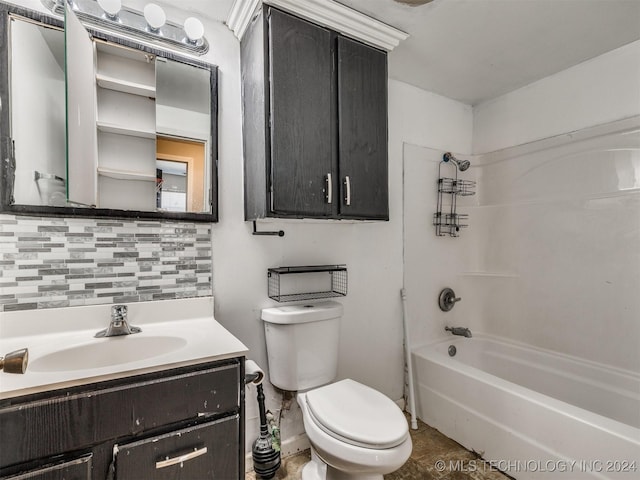 full bathroom featuring vanity, shower / bathtub combination, toilet, and tasteful backsplash