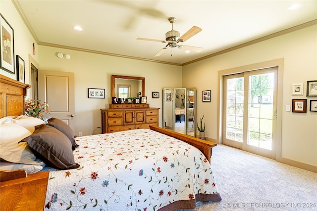 carpeted bedroom with crown molding, access to exterior, and ceiling fan