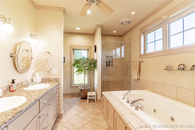 bathroom featuring vanity, ornamental molding, separate shower and tub, and tile patterned flooring