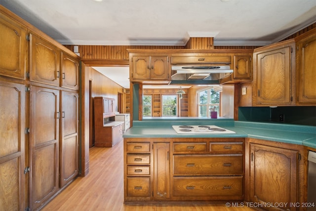 kitchen featuring wood walls, ornamental molding, range hood, light hardwood / wood-style flooring, and white electric cooktop