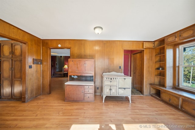 interior space with light hardwood / wood-style floors, wood walls, and built in features