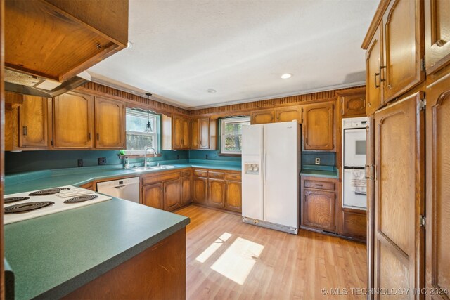 kitchen featuring white appliances, sink, and light hardwood / wood-style flooring