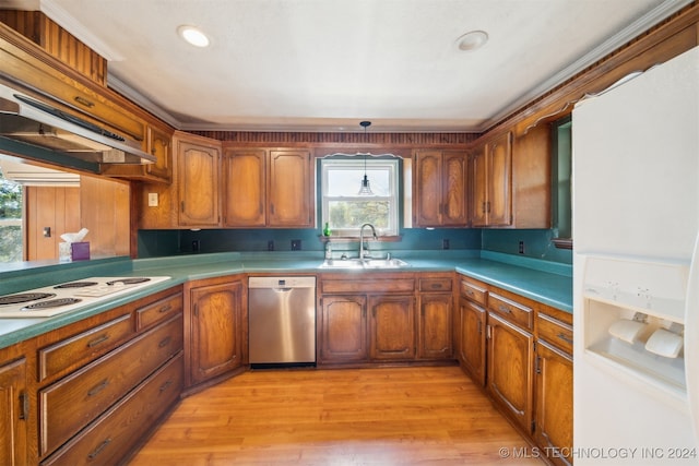 kitchen with exhaust hood, white appliances, sink, and light hardwood / wood-style floors