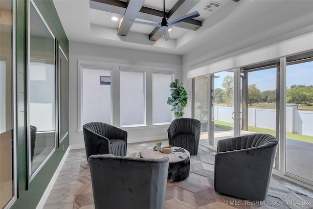 sunroom with beamed ceiling, ceiling fan, a water view, and coffered ceiling