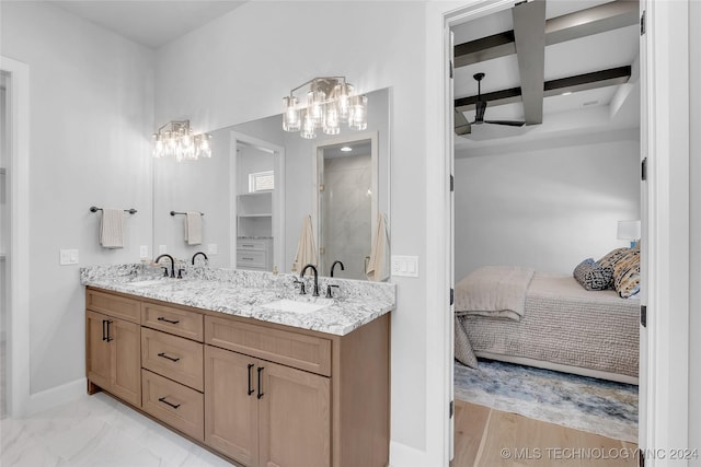 bathroom with beamed ceiling, vanity, an enclosed shower, and coffered ceiling