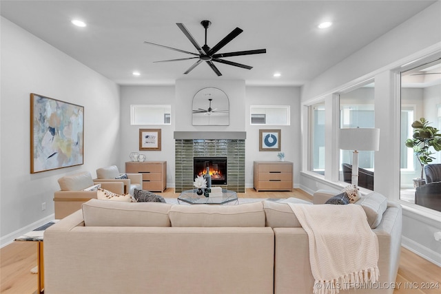 living room with a fireplace and light hardwood / wood-style flooring