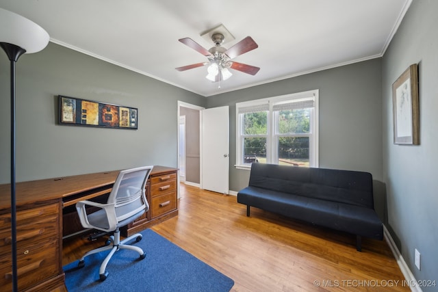 office area featuring light hardwood / wood-style floors, crown molding, and ceiling fan