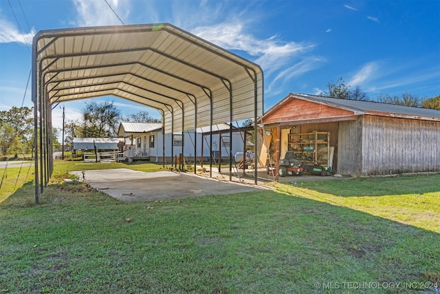 view of vehicle parking with a carport and a lawn